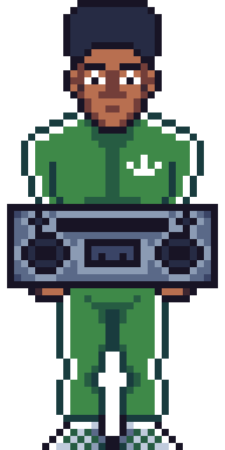 A b-boy holding a boombox.